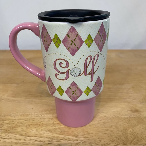 Lang Golf On The Go Ceramic Pink Argyle Coffee Mug - Picture 2 of 13